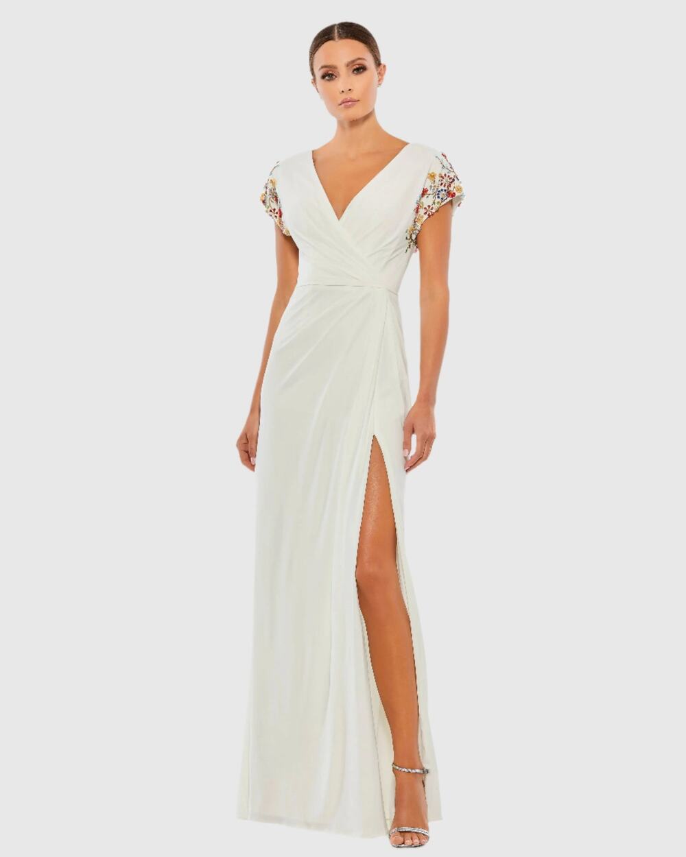 Mac Duggal White Floral Bead Embellished Sleeve Jersey Wrap Formal Gown 4